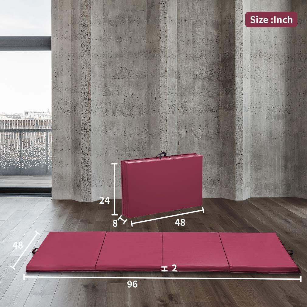 Exercise Mat 2'X6'/4'X8'/4'X10' Gymnastics Mat Folding Gymnastics Tumbling Mats 1.6"-2" Thick PU Leather Yoga Mat Portable with Carrying Handles for Home Workout Outdoor Yoga Pilates