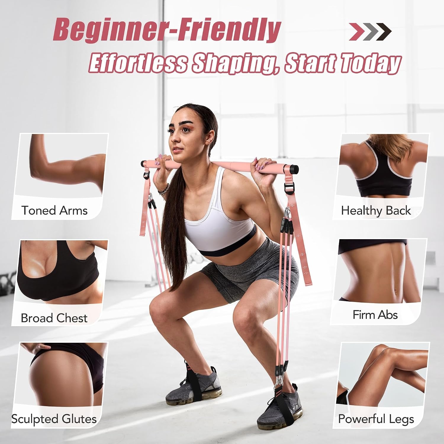 Pilates Equipment Pilates Reformer Bar Set with 6 Elastic Resistance Bands 180LBS/240LBS/360LBS & Door Anchor for Full-Body Fitness Toning & Muscle Building | Home Workout/Gym/Travel