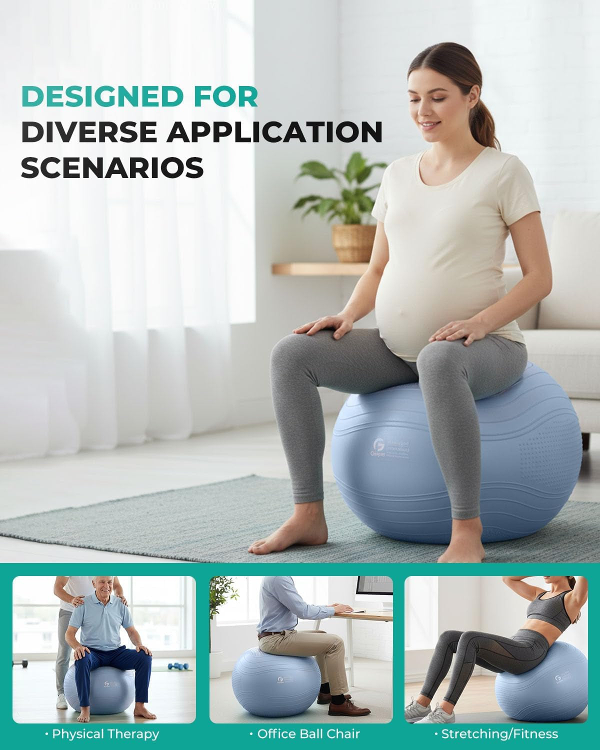 Yoga Ball, Extra Thick Exercise Ball for Workout Pregnancy Stability - 4 Sizes anti Burst Balance Ball for Yoga, Pilates, Fitness, Birthing, Physical Therapy - Includes Pump