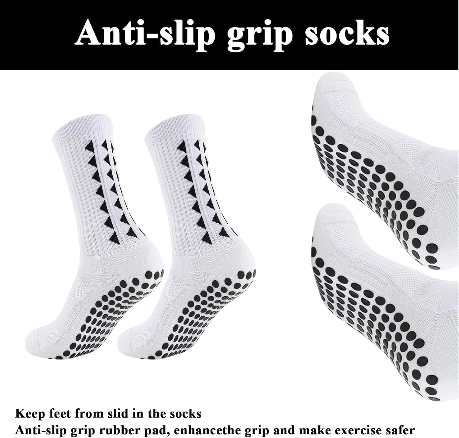 4Pcs Gain the Edge Grip Socks Football Kids for Men Women Kids-Anti-Slip Sports Socks, White Grip Socks Football Cushion Socks for Footballs Basketball Hiking Running Yoga (White and Black)