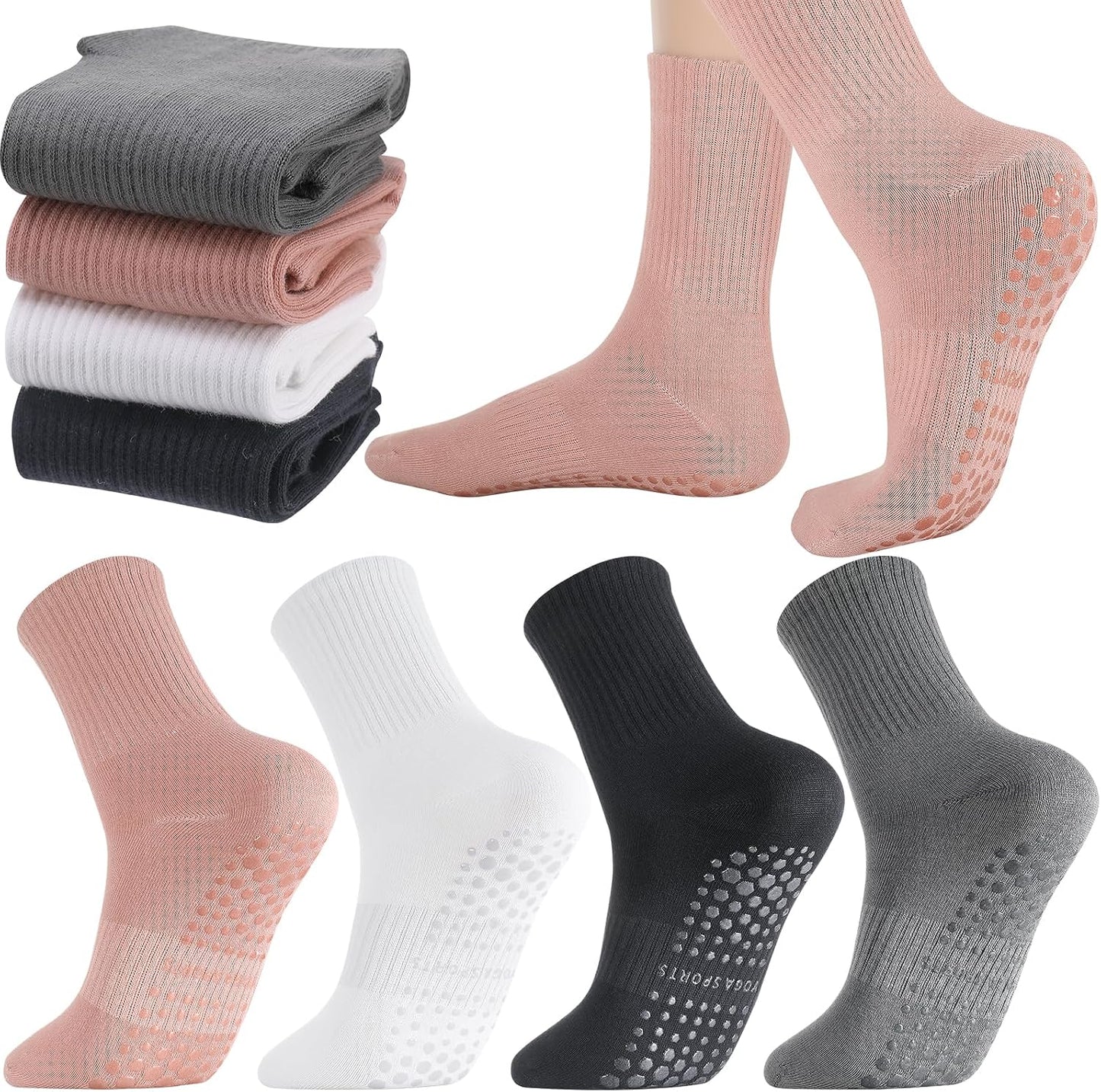 Yoga Grip Socks Women, Non Slip Pilates Socks Grippy Socks Ladies Mid-Calf Grip Socks for Ballet Dance Workout Fitness Running