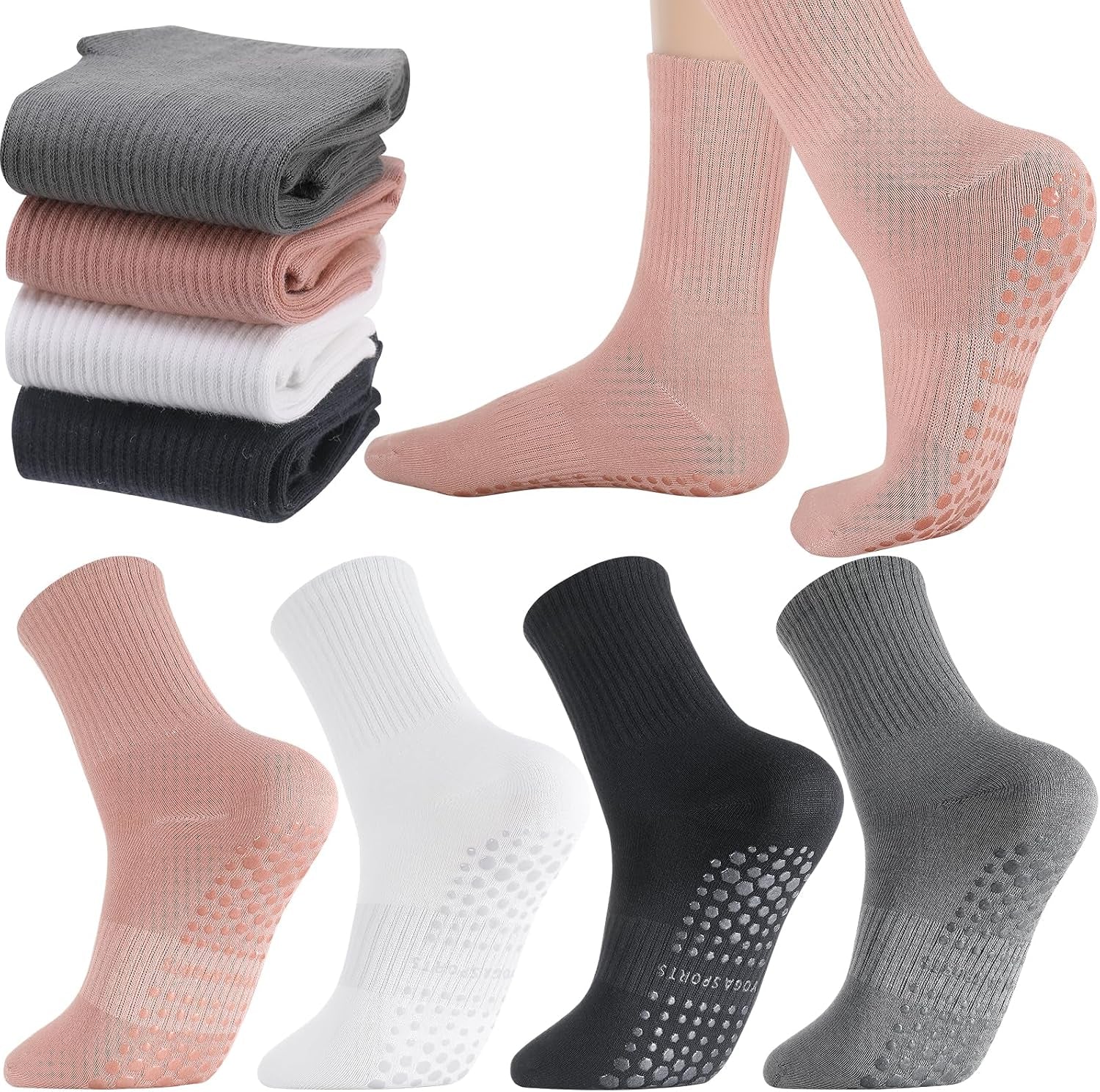 Yoga Grip Socks Women, Non Slip Pilates Socks Grippy Socks Ladies Mid-Calf Grip Socks for Ballet Dance Workout Fitness Running