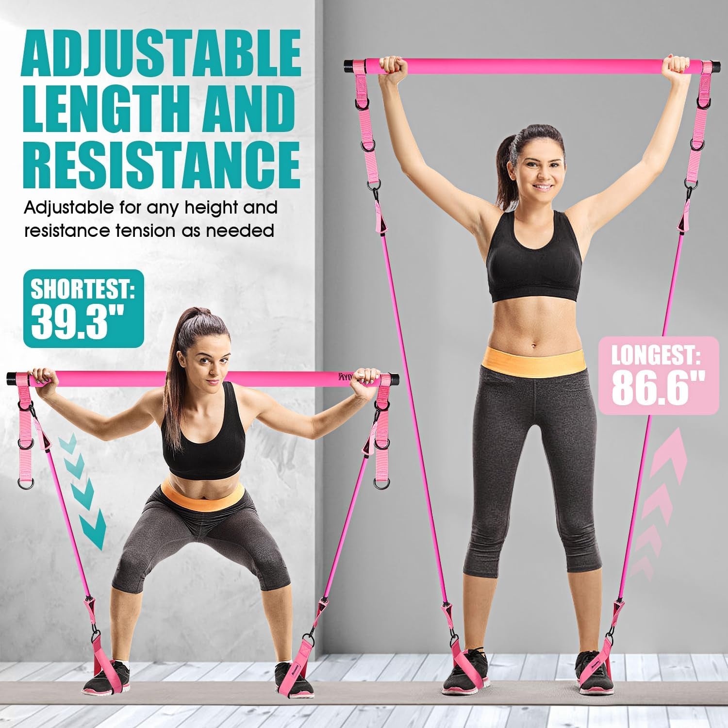 Pilates Equipment, Pilates Bar Kit with Resistance Bands for Women, Home Workout Equipment for Legs, Hip, Waist, Arm, Squats Exercise Equipment for Home Workouts, Adjustable 3-Section Pilates Bar Kit