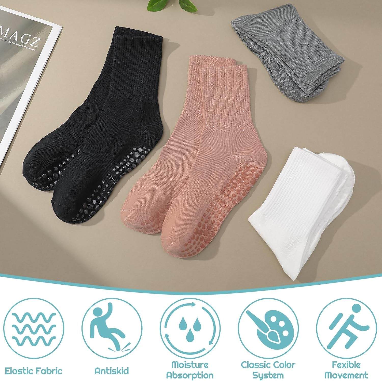 Yoga Grip Socks Women, Non Slip Pilates Socks Grippy Socks Ladies Mid-Calf Grip Socks for Ballet Dance Workout Fitness Running