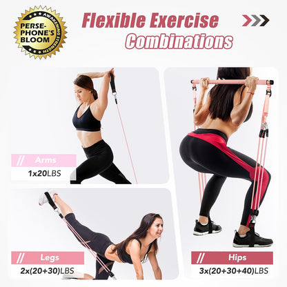 Pilates Equipment Pilates Reformer Bar Set with 6 Elastic Resistance Bands 180LBS/240LBS/360LBS & Door Anchor for Full-Body Fitness Toning & Muscle Building | Home Workout/Gym/Travel