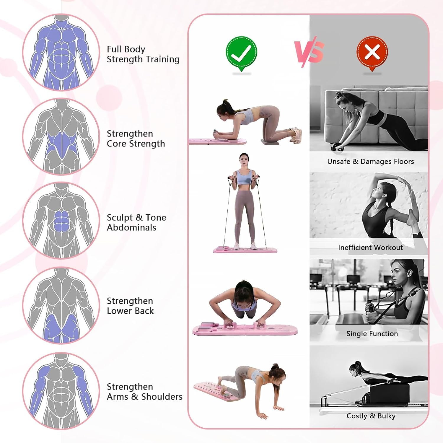 Pilates Reformer Machine Set & Pilates Board Equipment, 4-In-1 Portable Pilates Kit for Home with Ab Roller Resistance Bands, Better Me Full Body Workout System for Women