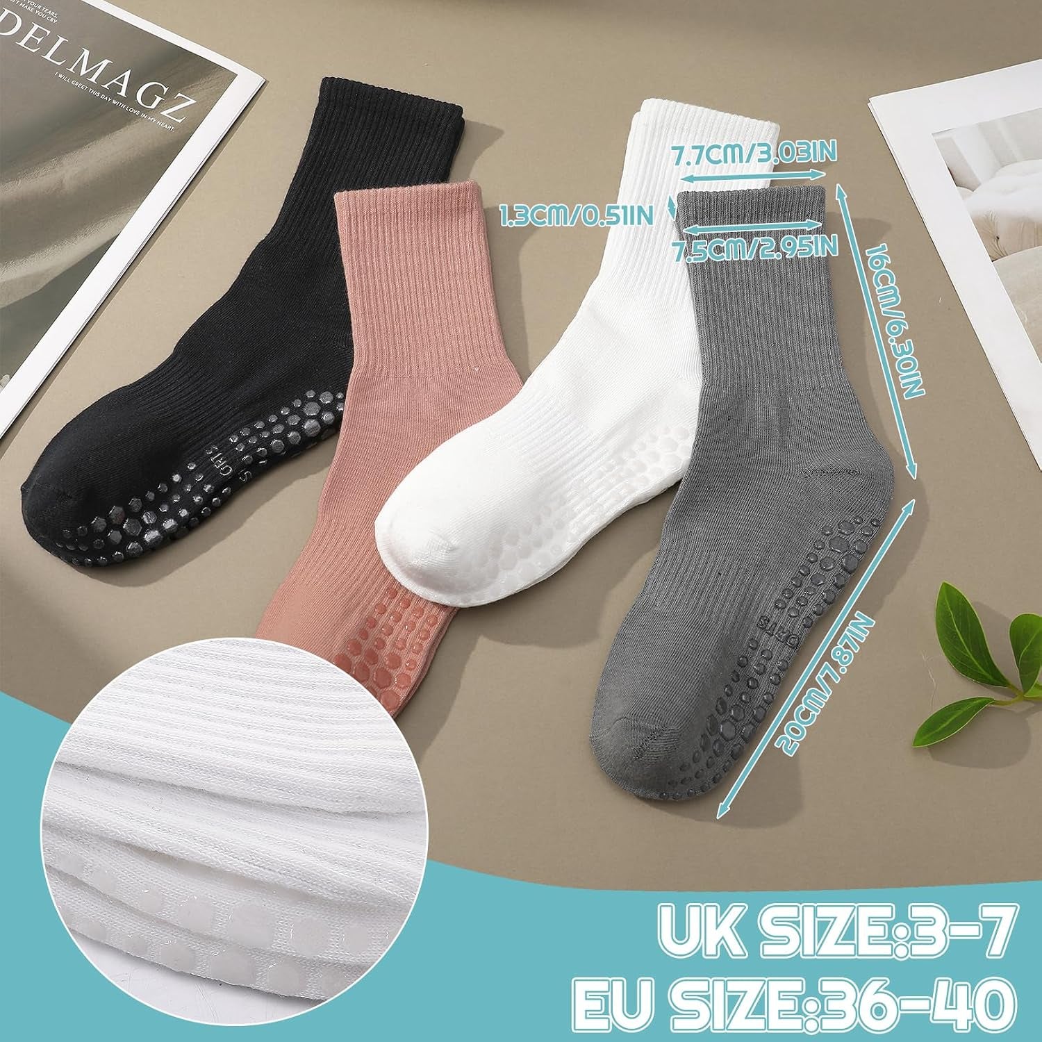 Yoga Grip Socks Women, Non Slip Pilates Socks Grippy Socks Ladies Mid-Calf Grip Socks for Ballet Dance Workout Fitness Running