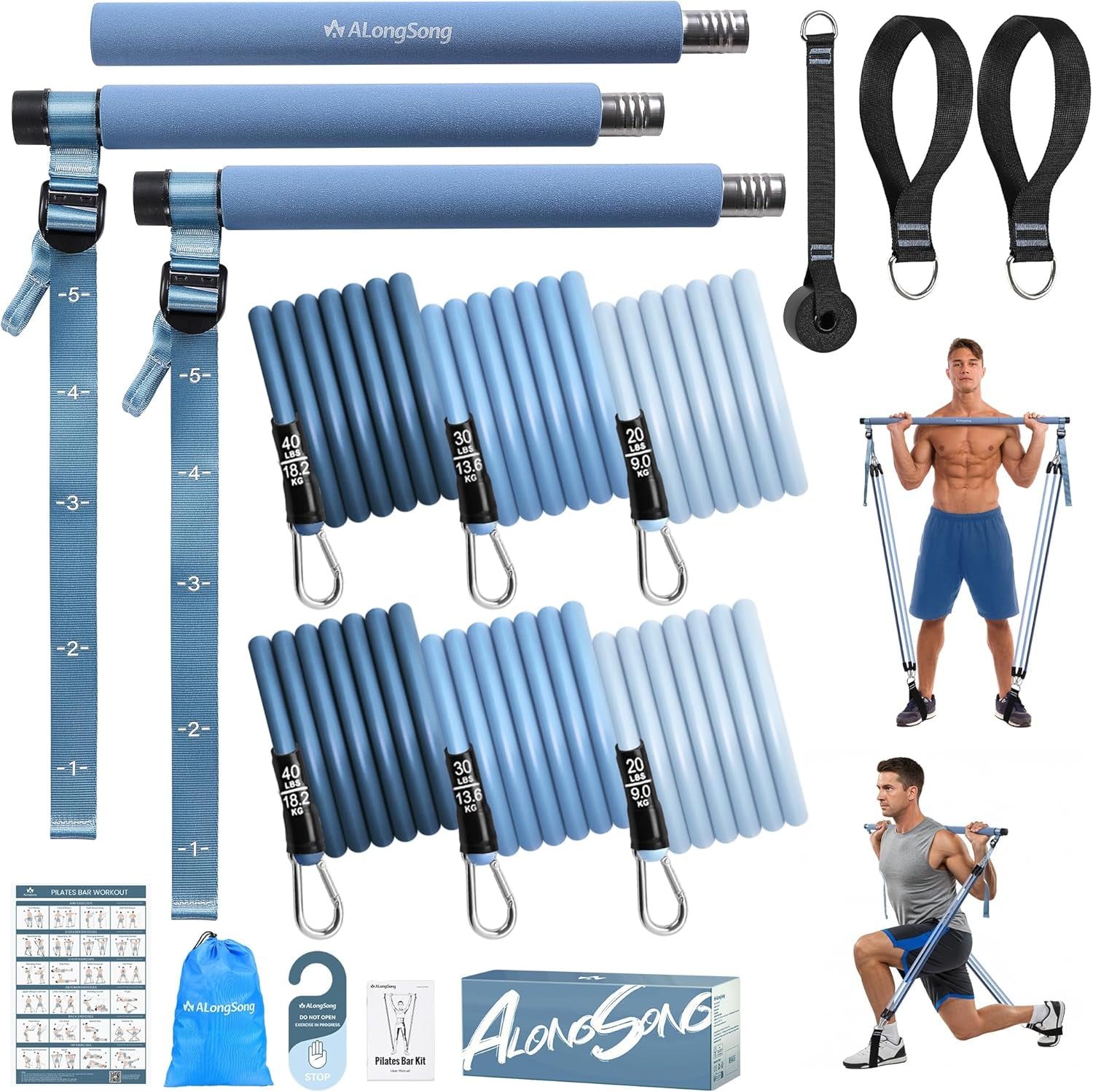Pilates Equipment Pilates Reformer Bar Set with 6 Elastic Resistance Bands 180LBS/240LBS/360LBS & Door Anchor for Full-Body Fitness Toning & Muscle Building | Home Workout/Gym/Travel