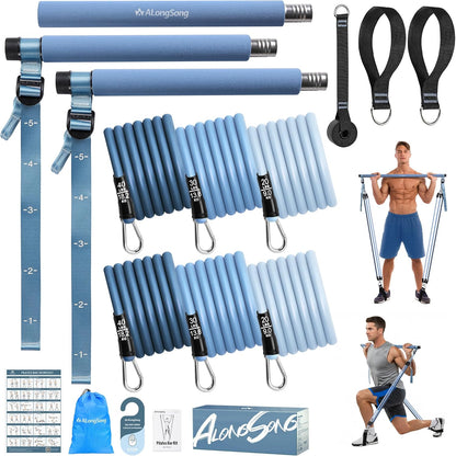 Pilates Equipment Pilates Reformer Bar Set with 6 Elastic Resistance Bands 180LBS/240LBS/360LBS & Door Anchor for Full-Body Fitness Toning & Muscle Building | Home Workout/Gym/Travel