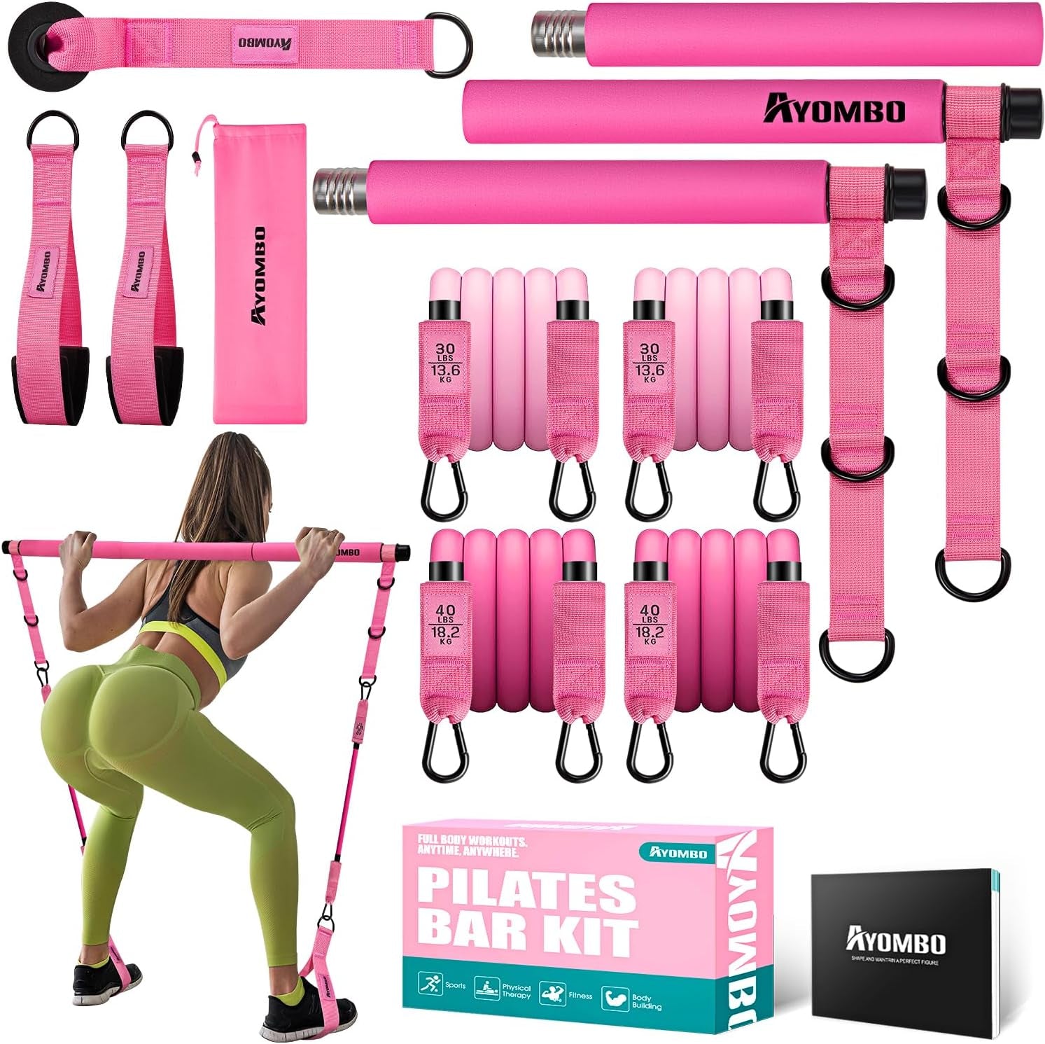 Pilates Equipment, Pilates Bar Kit with Resistance Bands for Women, Home Workout Equipment for Legs, Hip, Waist, Arm, Squats Exercise Equipment for Home Workouts, Adjustable 3-Section Pilates Bar Kit