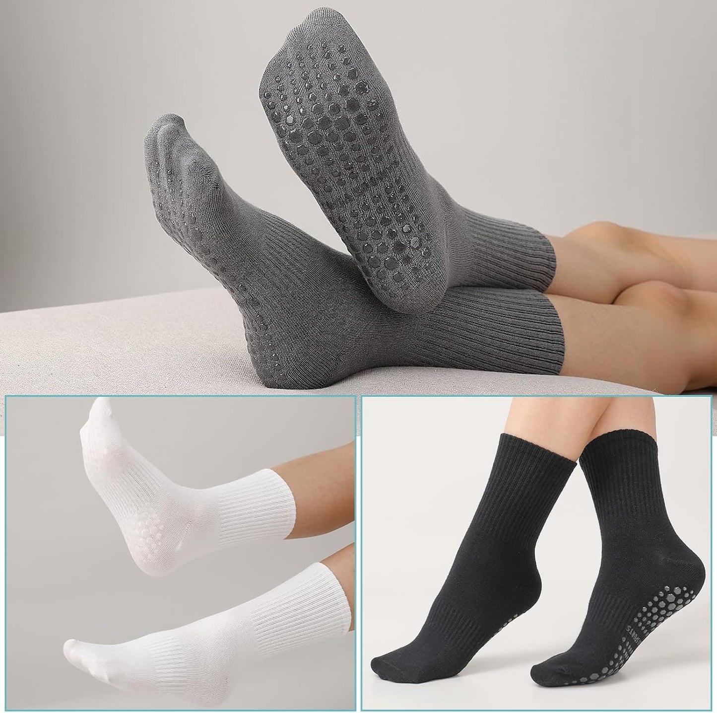 Yoga Grip Socks Women, Non Slip Pilates Socks Grippy Socks Ladies Mid-Calf Grip Socks for Ballet Dance Workout Fitness Running