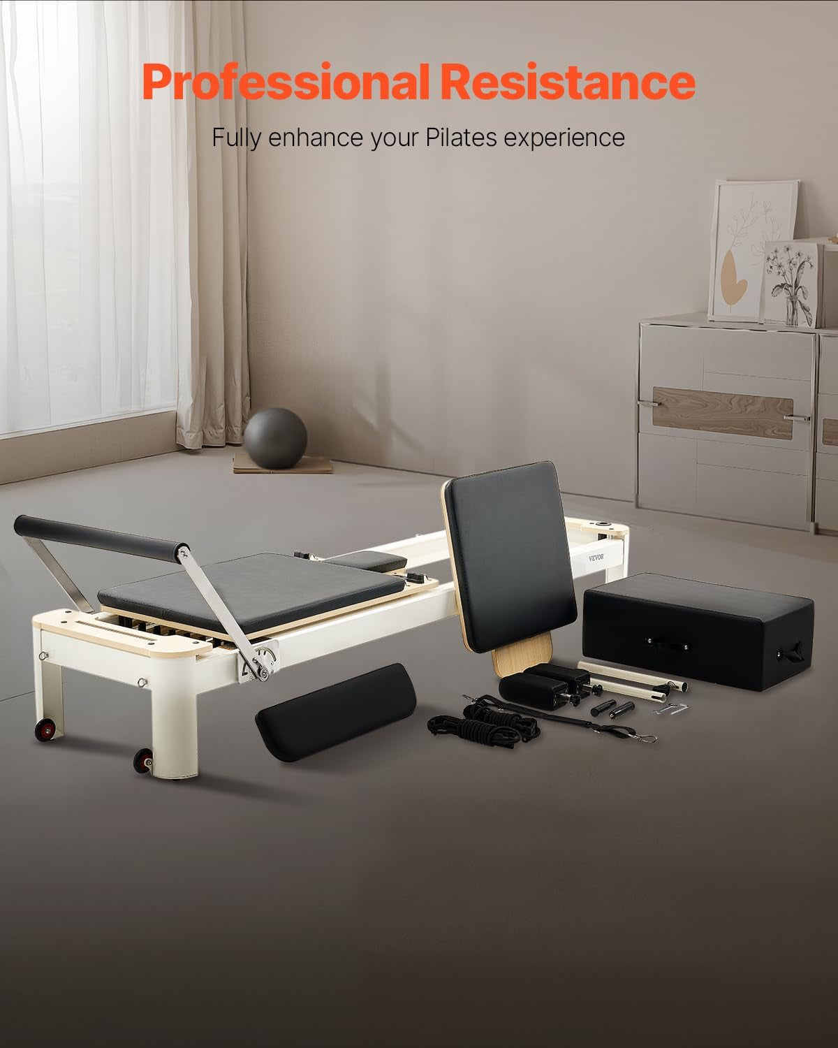 Pilates Reformer Machine, Pilates Bed with Sitting Box, for Home Gym Studio Advanced Users & Beginners, Reformer Equipment with Dual Resistance- Spring & Cord, up to 400 LBS