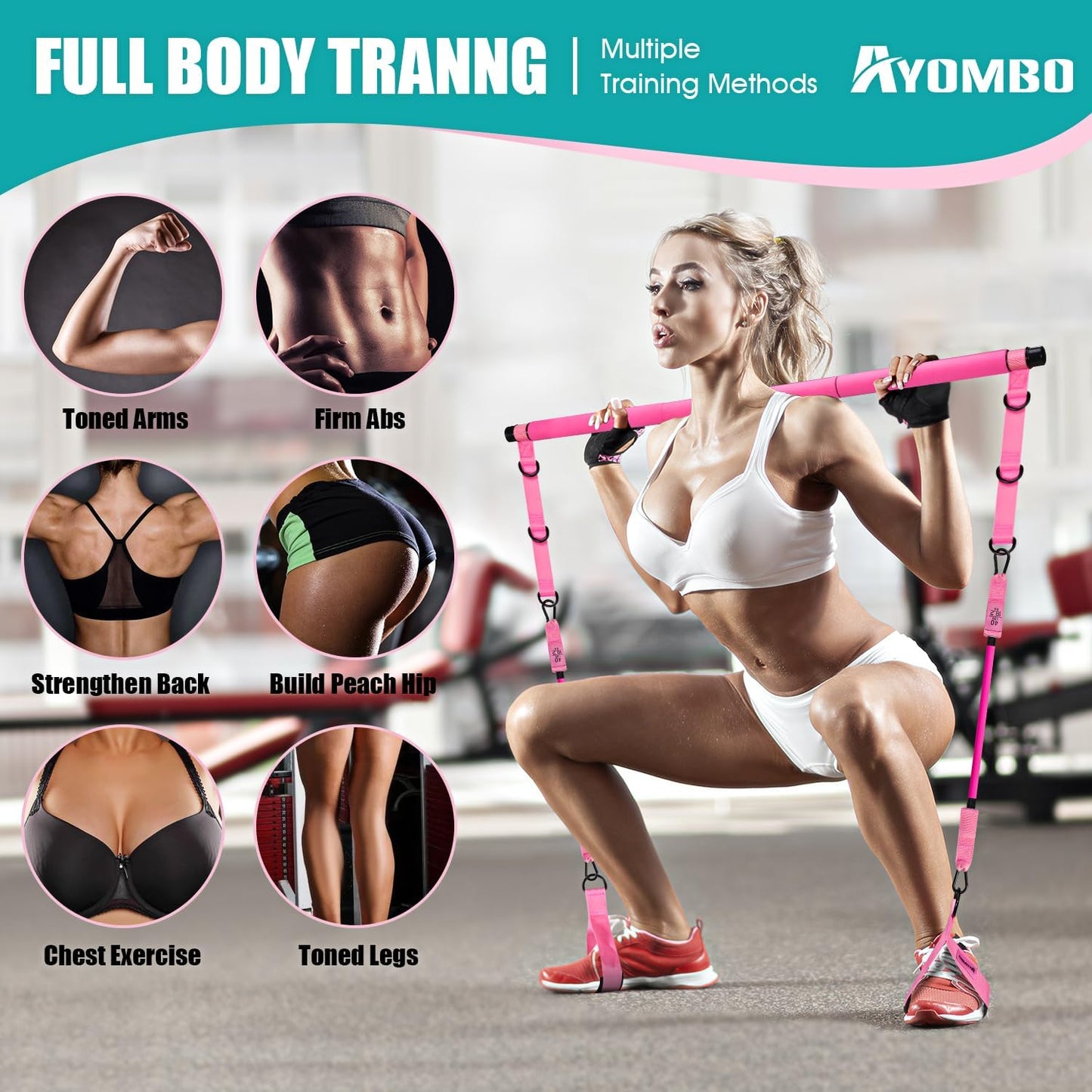Pilates Equipment, Pilates Bar Kit with Resistance Bands for Women, Home Workout Equipment for Legs, Hip, Waist, Arm, Squats Exercise Equipment for Home Workouts, Adjustable 3-Section Pilates Bar Kit