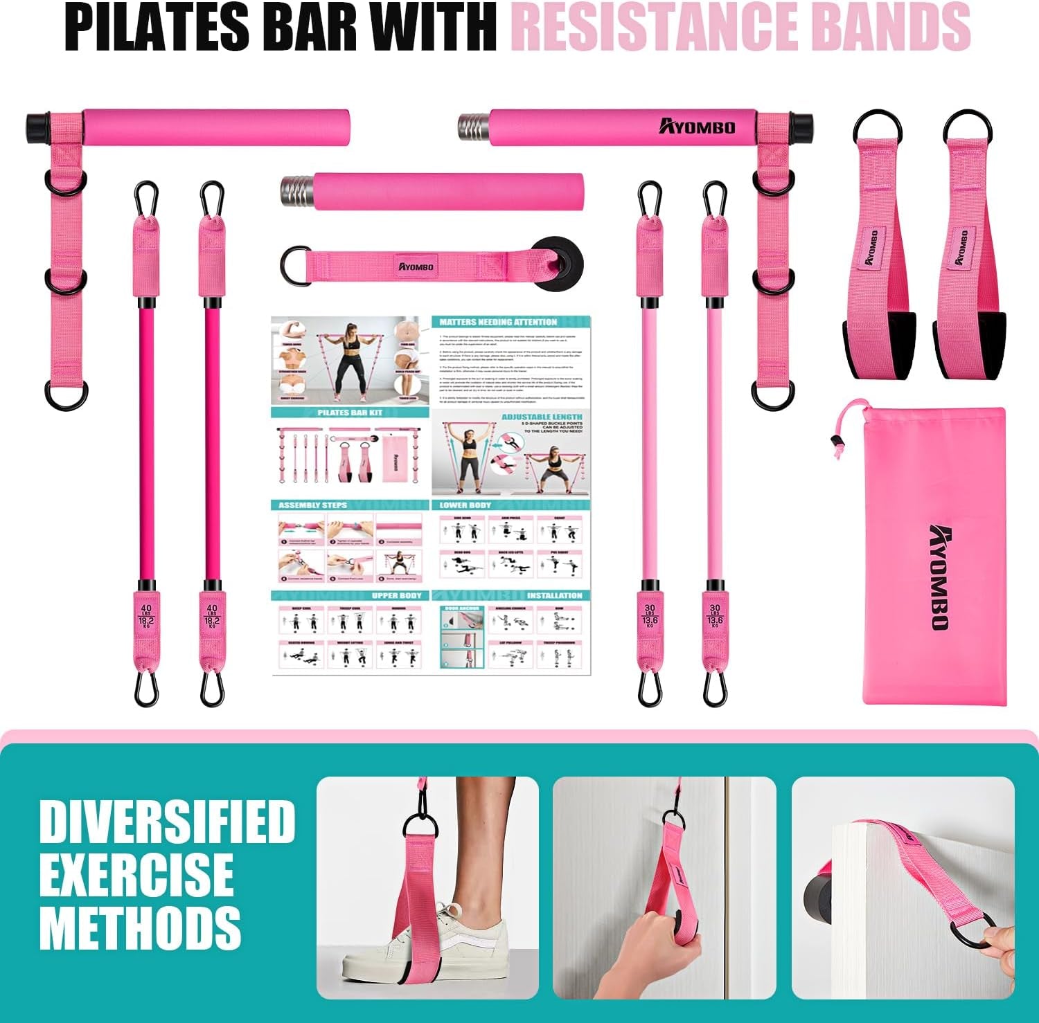 Pilates Equipment, Pilates Bar Kit with Resistance Bands for Women, Home Workout Equipment for Legs, Hip, Waist, Arm, Squats Exercise Equipment for Home Workouts, Adjustable 3-Section Pilates Bar Kit