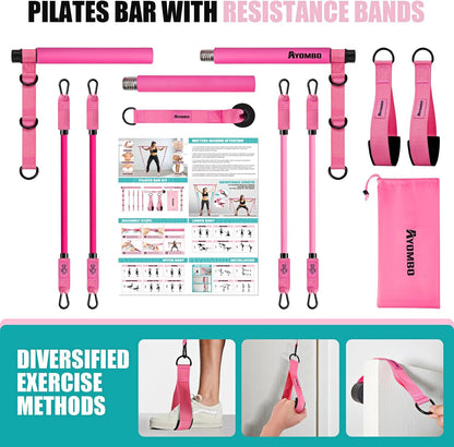 Pilates Equipment, Pilates Bar Kit with Resistance Bands for Women, Home Workout Equipment for Legs, Hip, Waist, Arm, Squats Exercise Equipment for Home Workouts, Adjustable 3-Section Pilates Bar Kit