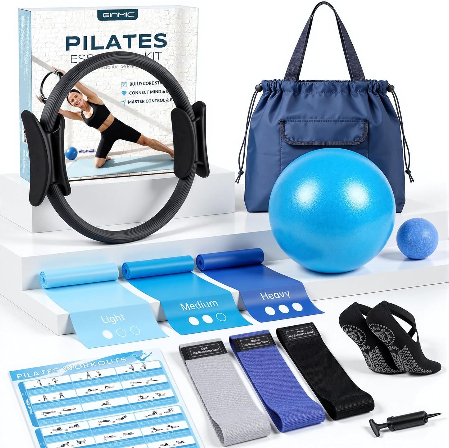 Pilates Equipment, Pilates Kit for Women Home Workouts, at Home Pilates Set with Pilates Ring, Pilates Ball, Long and Loop Resistance Bands, Pilates Socks, Massage Ball, Guide & Bag