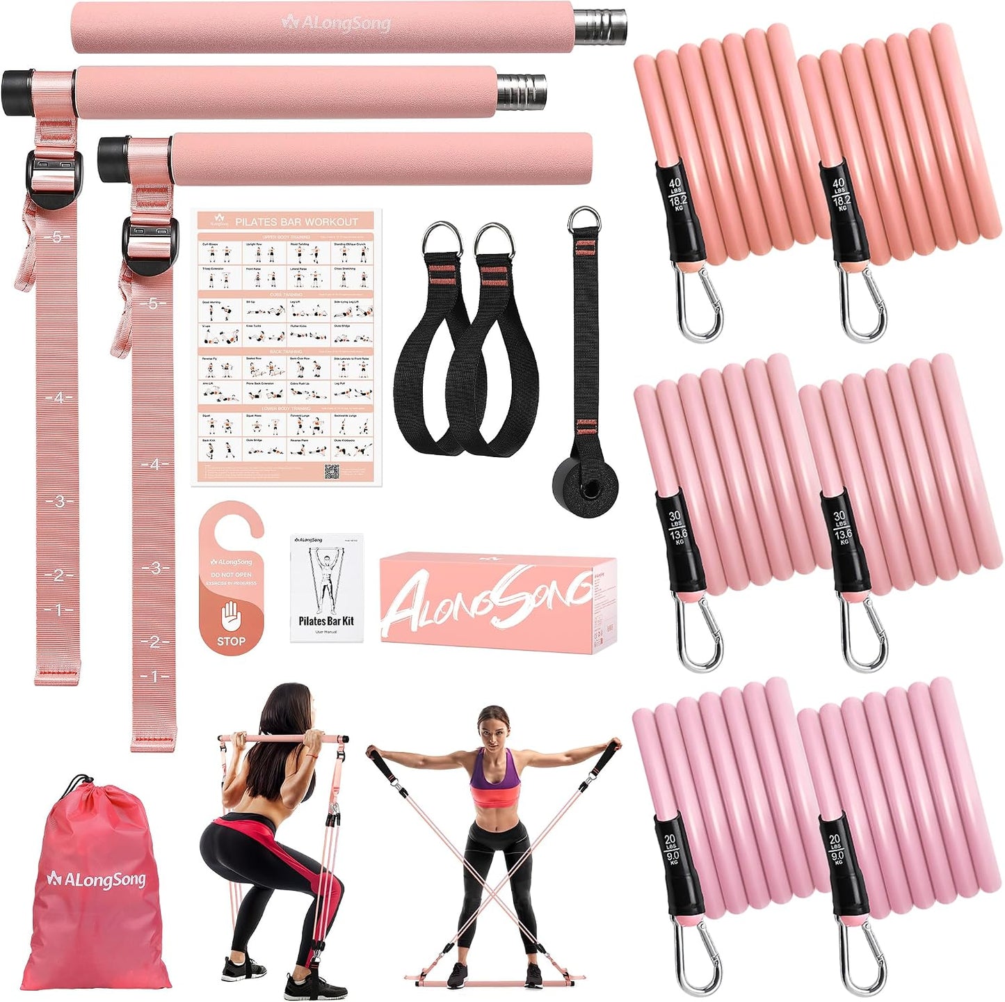 Pilates Equipment Pilates Reformer Bar Set with 6 Elastic Resistance Bands 180LBS/240LBS/360LBS & Door Anchor for Full-Body Fitness Toning & Muscle Building | Home Workout/Gym/Travel