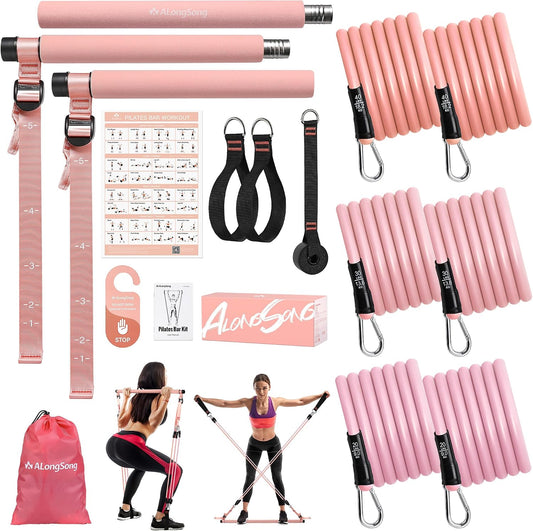 Pilates Equipment Pilates Reformer Bar Set with 6 Elastic Resistance Bands 180LBS/240LBS/360LBS & Door Anchor for Full-Body Fitness Toning & Muscle Building | Home Workout/Gym/Travel