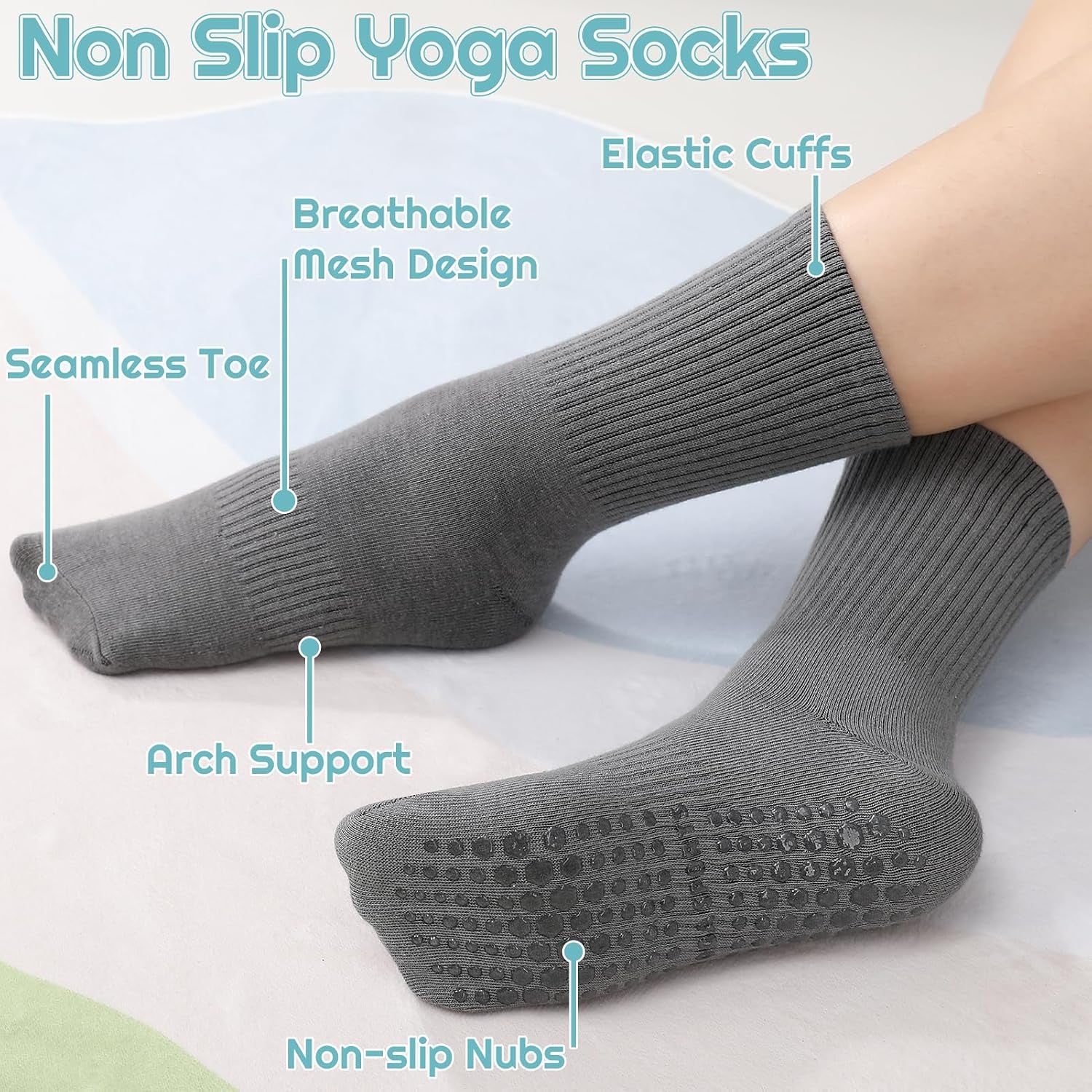Yoga Grip Socks Women, Non Slip Pilates Socks Grippy Socks Ladies Mid-Calf Grip Socks for Ballet Dance Workout Fitness Running