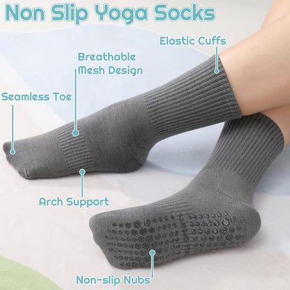 Yoga Grip Socks Women, Non Slip Pilates Socks Grippy Socks Ladies Mid-Calf Grip Socks for Ballet Dance Workout Fitness Running