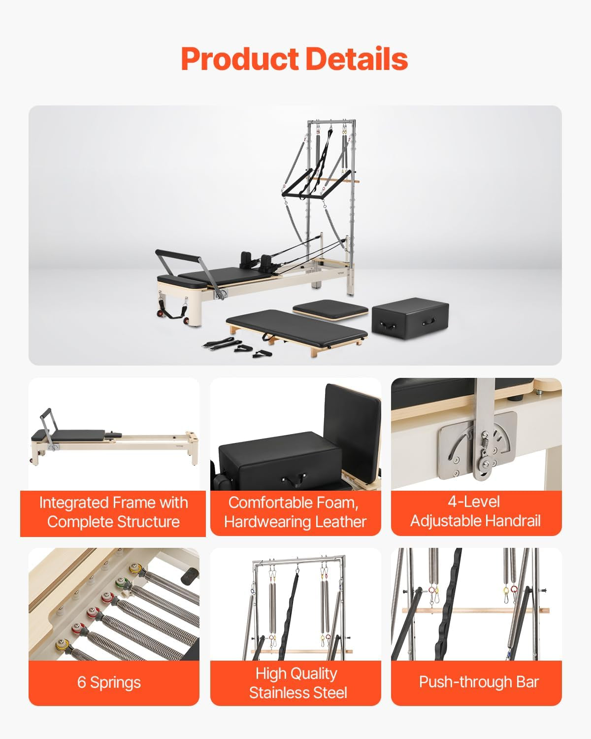 Pilates Reformer, Reformer Pilates Machine with Cadillac Trapeze Table or Tower & Mat, Pilates Equipment for Home Workout and Studio, Includes Jump Board，Sitting Box
