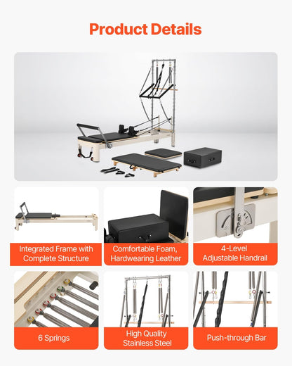 Pilates Reformer, Reformer Pilates Machine with Cadillac Trapeze Table or Tower & Mat, Pilates Equipment for Home Workout and Studio, Includes Jump Board，Sitting Box